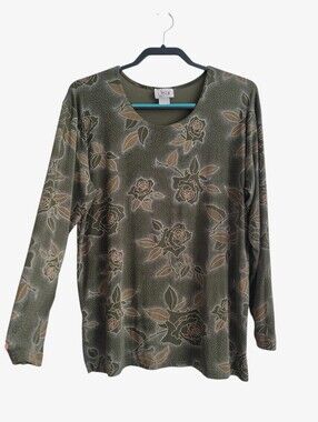 VTG‎ Jostar XL Floral Y2K Slinky Knit Long Sleeve Shirt Top Olive Green USA